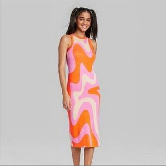 Wild Fable Orange and Pink Halter Bodycon Midi Dress - Picture 1 of 2
